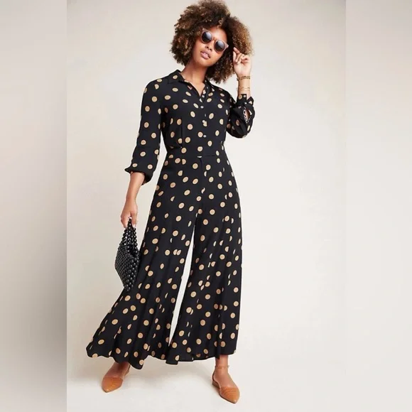 ANTHROPOLOGIE Loveland Wide-Leg Jumpsuit Women's Size US 4 Black Polka - Picture 1 of 7